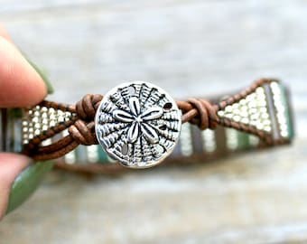 Fancy Jasper Gemstone Wrap Bracelet: Silver Sand Dollar Boho Cuff
