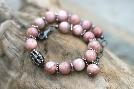 Kunzite Gemstone Beaded Bracelet: Oxidized Sterling Silver, Mauve Pink