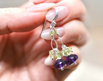 Amethyst, Peridot Gemstone Earrings, Gemstone Earrings, February Birthstone, August Birthstone,Birthstone Earrings,Purple and Green Earrings