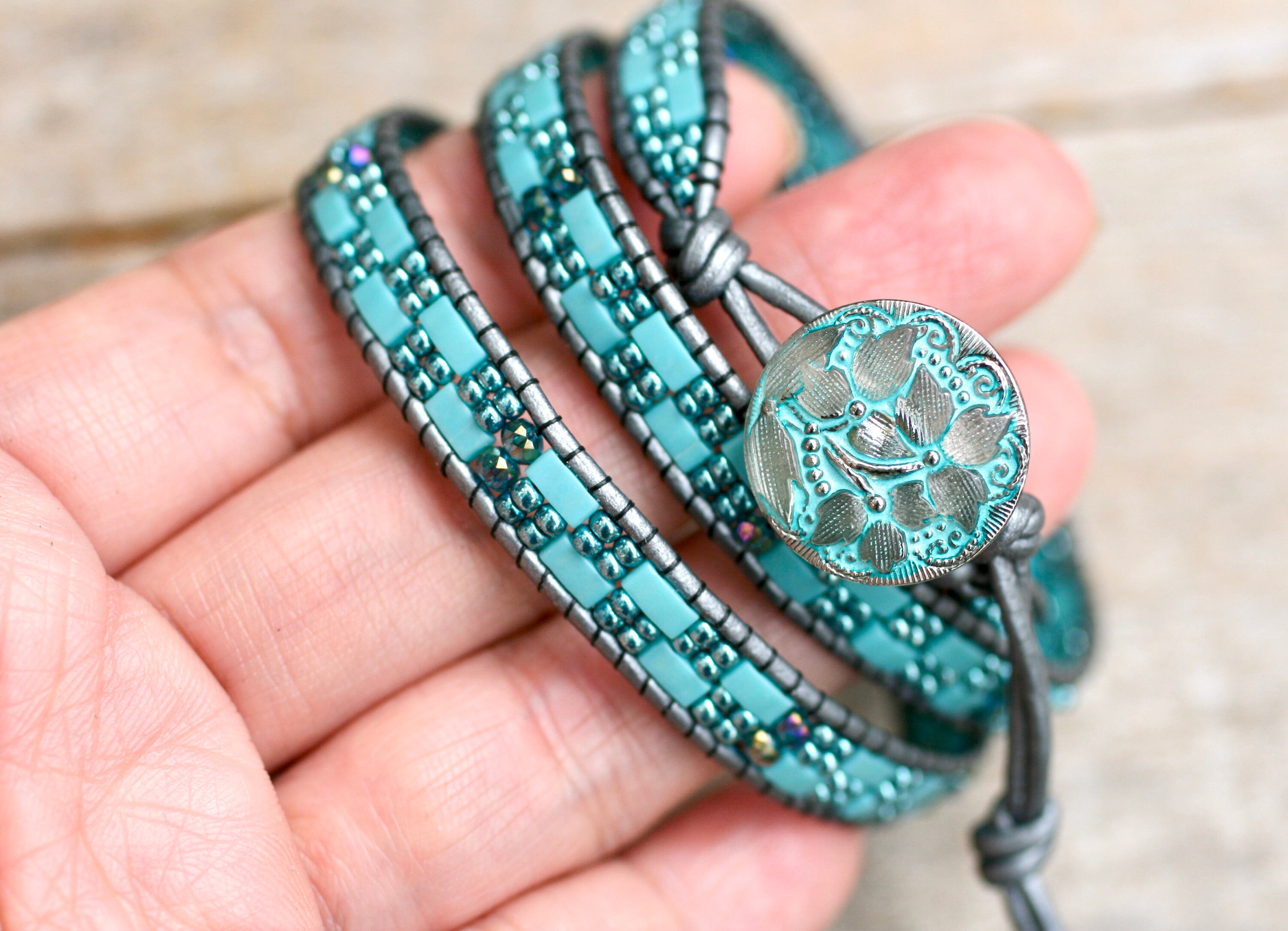 Turquoise Beaded Leather Wrap Bracelet Triple Wrap Bracelet Etsy