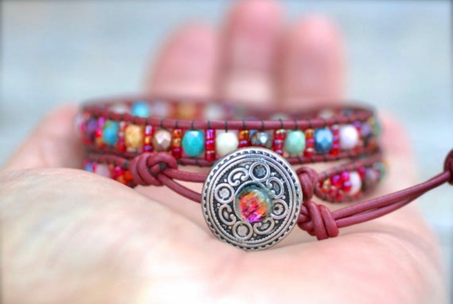 Red Leather Wrap Bracelet Multi Color Beaded Wrap Leather Etsy