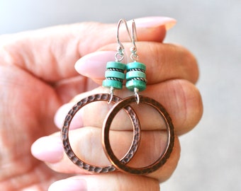 Kingman Turquoise Heishi Gemstone Earrings, Copper Circle Hoop Earrings, Artisan Earrings, Turquoise Jewelry, Boho Hoop Earrings