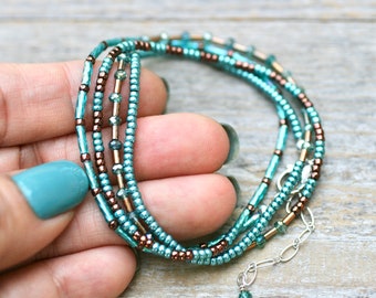 Turquoise Blue,Bronze Beaded Wrap Bracelet, Silk Cord Beaded Bracelet, 4x Wrap Bracelet,Layering Bracelet,Multi Wrap Bracelet,Beaded Jewelry