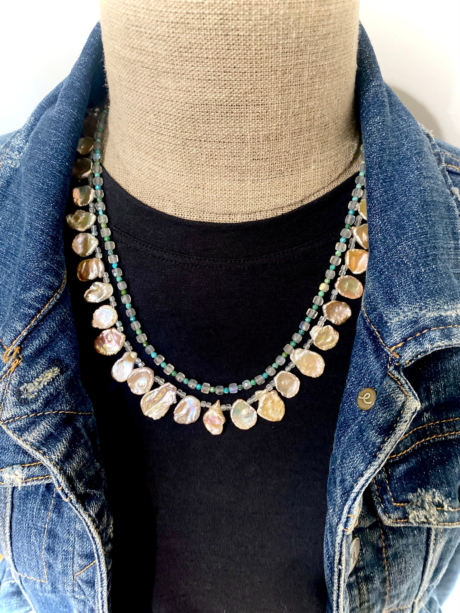 Double Strand Gemstone Necklace Keshi Pearl Necklace Etsy