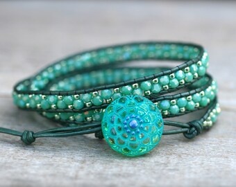 Seafoam Green Beaded Bracelet, Triple Leather Wrap Bracelet, Beaded Bracelet Wrap, Leather Bracelet, Boho Leather Wrap, Beaded Jewelry