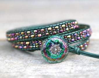 Green and Purple Beaded Bracelet,Triple Leather Wrap Bracelet,Beaded Bracelet Wrap,Leather Bracelet,Boho Leather Wrap,Artisan Beaded Jewelry