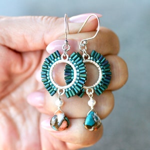 Spiny Oyster Copper Turquoise Gemstone Earrings, Beaded Earrings, Seed Beaded Jewelry, Boho Earrings, Beaded Jewelry, Statement Earrings