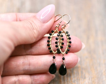 Black Spinel Teardrop Earrings: 14KT Gold Filled Wire Wrapped Jewelry