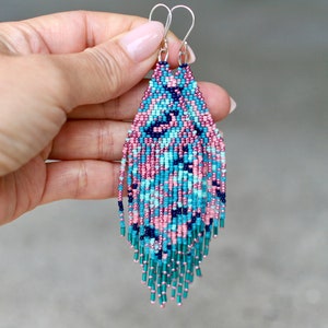 Blue & Pink Seed Beaded Fringe Earrings: Boho Festival Jewelry