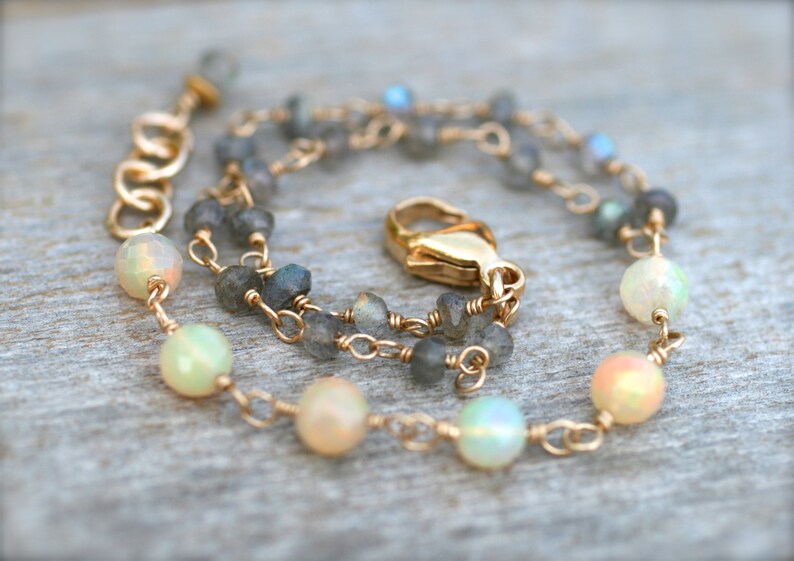 Ethiopian Opal, Labradorite Gemstone Bracelet, 14KT Gold Filled Bracelet, Wire Wrapped Bracelet, Opal Gemstone Jewelry, Gold Filled Jewelry