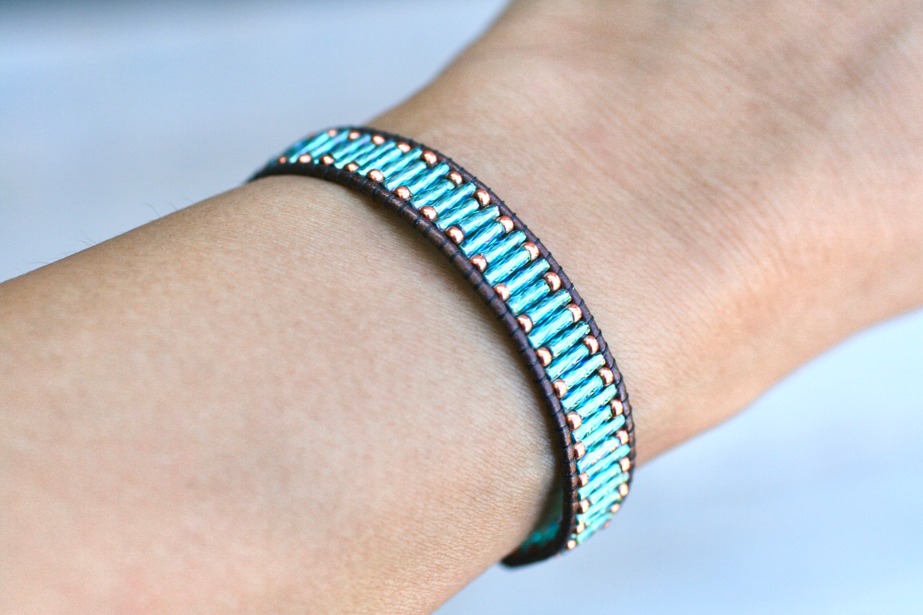 ●tow tow archive● Feverfew Leather Bead Bracelet Blue TBH5 Copper, Turquoise Blue Beaded Leather Wrap Bracelet, Beaded