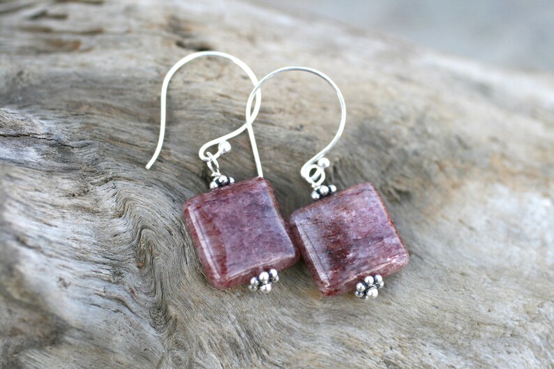 Square Lepidolite Gemstone Earrings Lepidolite and Sterling Silver Earrings Minimalist Earrings Square Earrings Geometric Jewelry