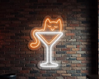 Cat in Martini Glass Neon Sign, Funny Bar Wall Decor, Cocktail Party LED Light