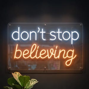 Może przedstawiać: Prostokątny neonowy szyld zamontowany na ciemnej ścianie wyświetla napis "don't stop" w kolorze białym oraz "believing" w kolorze pomarańczowym. Pod szyldem znajduje się roślina doniczkowa, stos książek i mała mosiężna lampka na drewnianej konsoli.