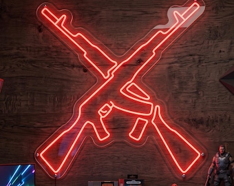 Crossed Rifle Neon Sign, AK47 LED Wall Light, Gamer Room Decor, Man Cave Gift