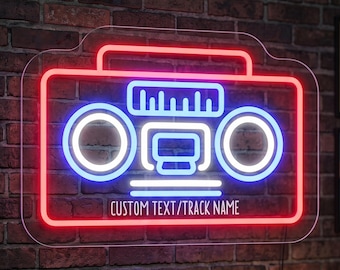 Retro Boombox Neon Sign, Custom Track Name, Vintage Music Wall Light, Cassette Decor