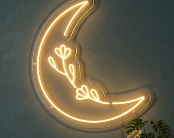 Moon Floral Neon Sign, Botanical LED Wall Light, Celestial Boho Decor