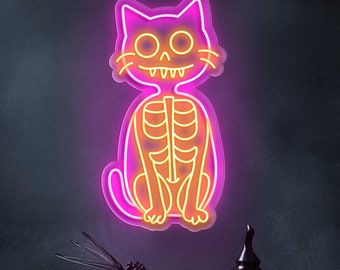 Spooky Skeleton Cat Neon Sign, Fun Kitten Halloween LED Decor for a Frightening Party, Cute Pink Halloween Wall Art Led Light Up Sign