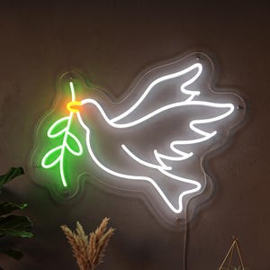 Peace Dove neon sign featuring a graceful flying bird silhouette, creating a calming LED wall light for bedrooms, living rooms, nurseries, and meditation spaces.