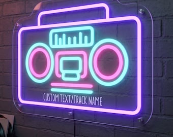 Retro Cassette Player Neon Sign, Vintage Boombox LED Wall Decor, Custom Music Track Name
