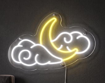 Moon and Clouds Neon LED Sign, Cozy Bedroom Wall Decor, Kids Room, Nursery, Aesthetic Night Sky Wall Light