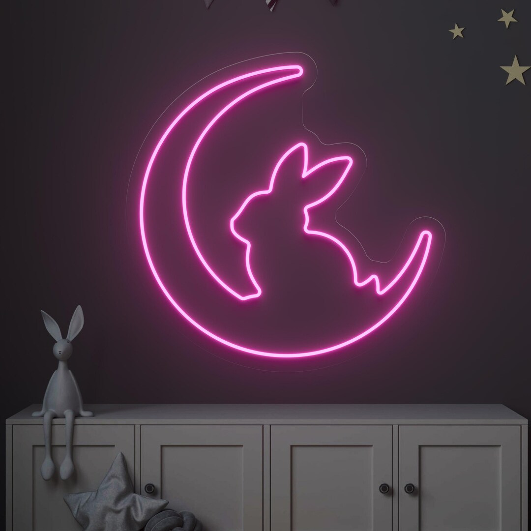 Moon Rabbit Neon Sign, Cute Bunny LED Wall Light for Kids Room, Nursery ...