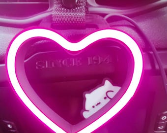 Neon Heart Tsurikawa with Cat Charm, Kawaii Car Accessory, JDM Decor