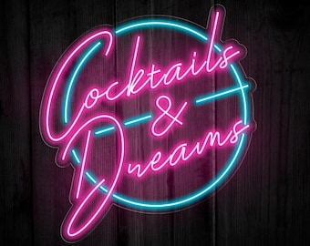 Cocktails and Dreams Sign, Circle Neon Led Bar, Large Cocktail Neon Sign, Cocktails Neon Sign, Light Up Sign, Bar Wall Decor, Bar Neon Sign