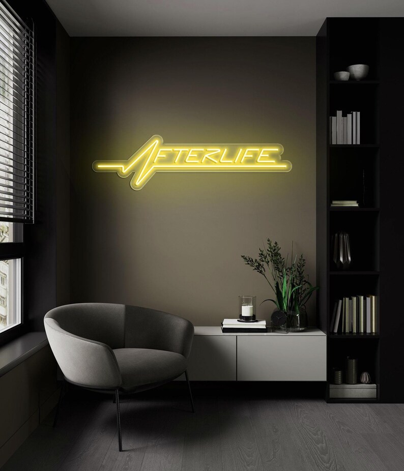 Afterlife LED neon sign for game room decor, bedroom wall art, or bar ambiance. This light-up sign captures a sleek cyberpunk aesthetic, making it an ideal gift for fans of Cyberpunk 2077 or modern sci-fi design. Perfect for man caves, gaming setups