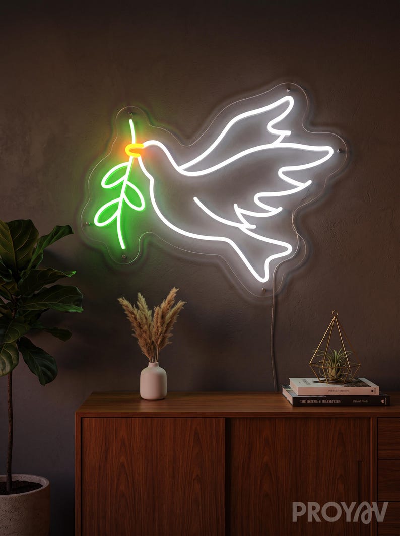 Peace Dove neon sign featuring a graceful flying bird silhouette, creating a calming LED wall light for bedrooms, living rooms, nurseries, and meditation spaces.