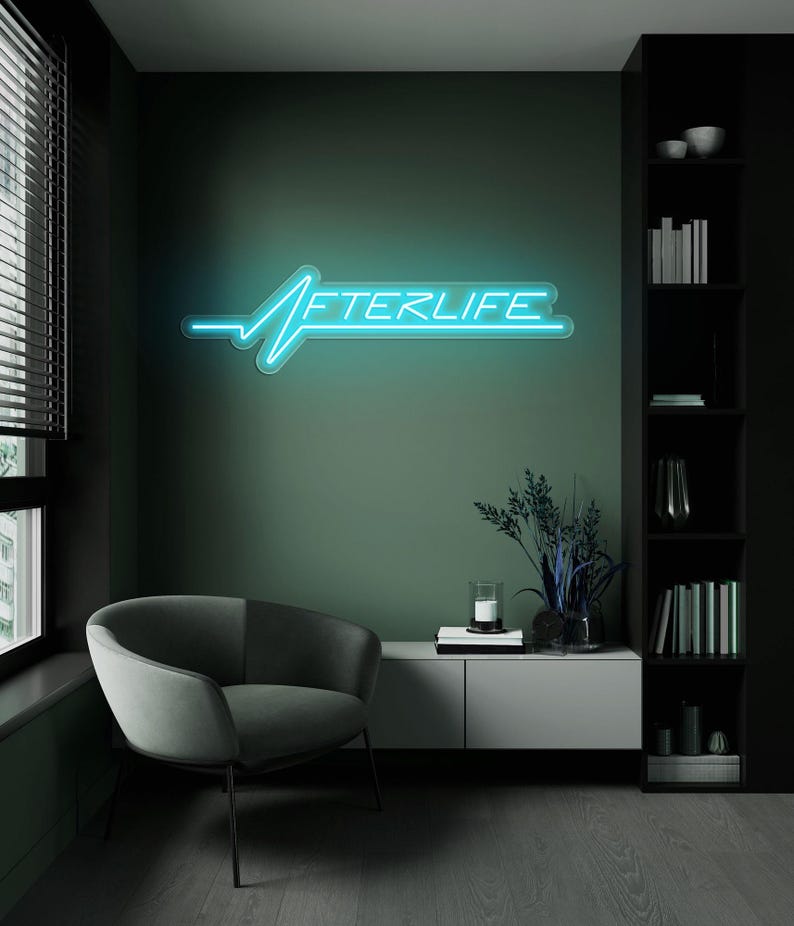 Afterlife LED neon sign for game room decor, bedroom wall art, or bar ambiance. This light-up sign captures a sleek cyberpunk aesthetic, making it an ideal gift for fans of Cyberpunk 2077 or modern sci-fi design. Perfect for man caves, gaming setups