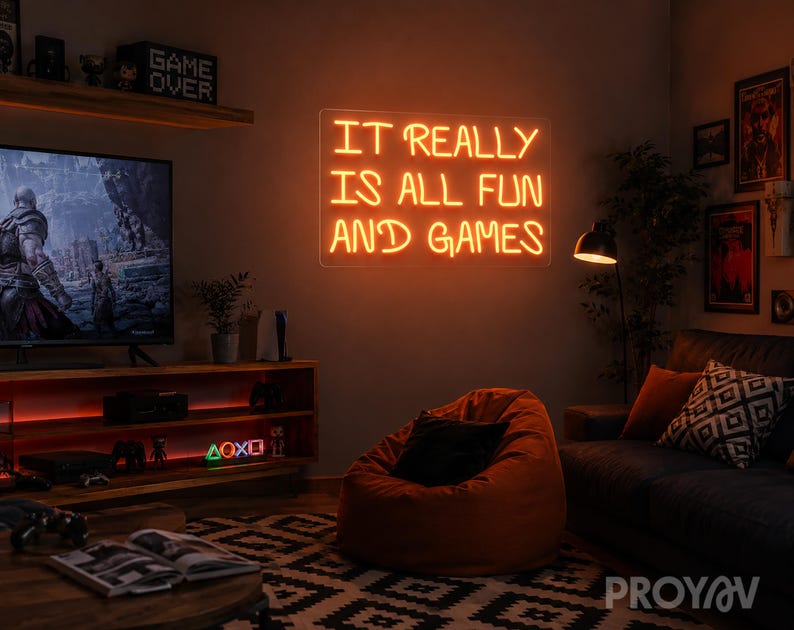 It Really Is All Fun and Games neon sign wall art with playful typography design, perfect for bar or game room decor, creating energetic atmosphere filled with humor, fun, and retro nightlife vibes.