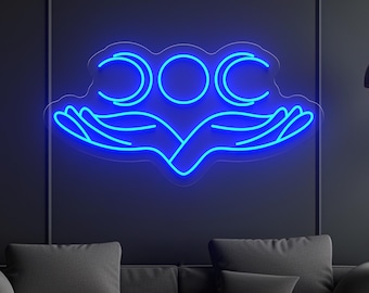 Moon Neon Sign, Hands LED Light, Mystical Wall Decor, Witchy Boho Decor for Bedroom, Spiritual Room Wall Art, Occult Gift for Her, Magic