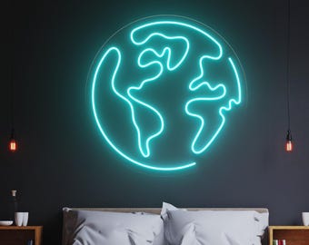 Earth Neon Sign, LED Globe Wall Light, Planet Neon Sign, Bedroom Decor, Cute Housewarming Gift, Travel Wall Decor, Earth Planet Wall Light