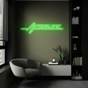 Afterlife LED neon sign for game room decor, bedroom wall art, or bar ambiance. This light-up sign captures a sleek cyberpunk aesthetic, making it an ideal gift for fans of Cyberpunk 2077 or modern sci-fi design. Perfect for man caves, gaming setups