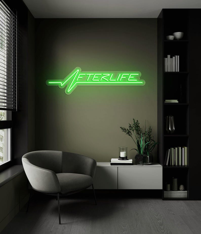 Afterlife LED neon sign for game room decor, bedroom wall art, or bar ambiance. This light-up sign captures a sleek cyberpunk aesthetic, making it an ideal gift for fans of Cyberpunk 2077 or modern sci-fi design. Perfect for man caves, gaming setups