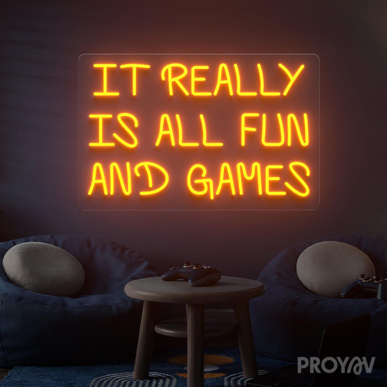 Modern quote neon sign for game room decor, evoking excitement, laughter, and relaxed fun through stylish glowing wall lighting and retro inspired design.