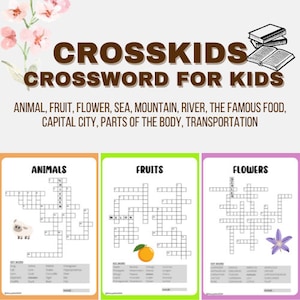 Crucigrama para niños, 10 páginas PDF: fácil de imprimir y jugar con amigos, escuela, familia, viajes, tamaño A4 o (Carta), descarga instantánea en PDF.