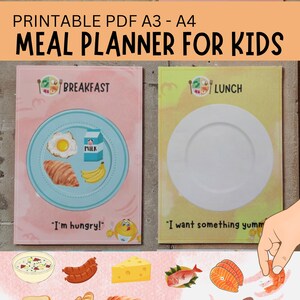 Op de afbeelding: Printbare maaltijdplanner voor kinderen, met ontbijt- en lunchsecties met voedselillustraties. De planner bevat de teksten "Ik heb honger!" en "Ik wil iets lekkers!"