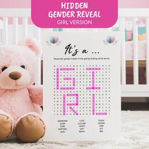 It's a Girl Gender Reveal Ankündigung Wortsuchrätsel Ratenspiel Party Spiel Geschlecht versteckte Nachricht druckbare PDF-Datei