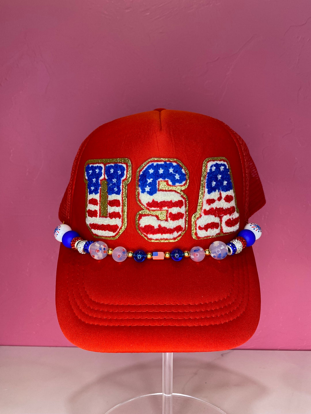 Patriotic \'Gods Country\' Star Bead Trucker Hat - Red White Blue Amazon.com: 3PCS Trucker Hat Chains 4th of July Trucker Hat  main image 4