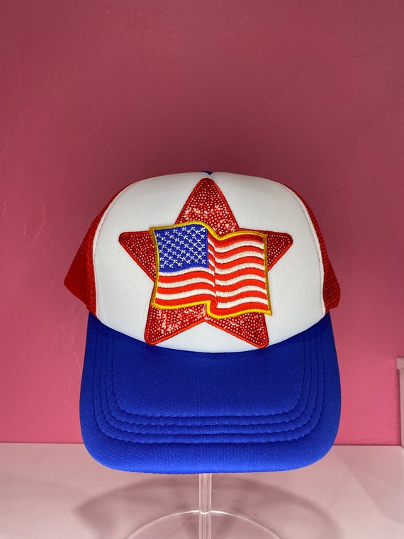 Patriotic \'Gods Country\' Star Bead Trucker Hat - Red White Blue Amazon.com: 3PCS Trucker Hat Chains 4th of July Trucker Hat  main image 3