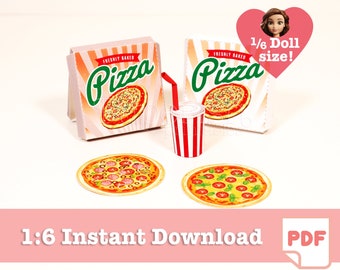 May include: Two red and white pizza boxes with the words "Freshly Baked Pizza" on them. There are two pizzas, a red cup with a straw, and the text "1/6 Doll size!" in a pink heart.