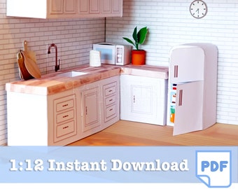 1:12 Printable Puppenhaus Küchen Set: DIY Miniatur Möbel (PDF-Muster)