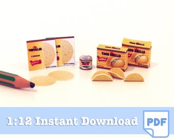 1/12 Scale Mexican Food Packaging, Dollhouse Miniatures (PDF Pattern)