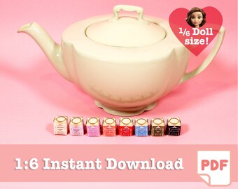 May include: A cream-colored teapot with a lid and handle, accompanied by seven miniature boxes in various colors. The image includes the text "1:6 Instant Download PDF" and a heart-shaped graphic that says "1/6 Doll size!"