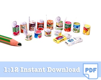 1/12 Scale Dollhouse Food Cans Printables | Miniature Kitchen DIY (PDF Pattern)