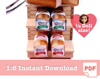 May include: A miniature wooden shelf display with four packages of bread, each labeled "Bread Whole Grain". The shelf is 1/6 doll size.