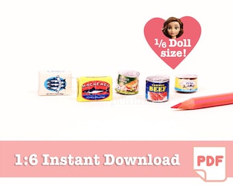 May include: Five miniature cans of food for a dollhouse. The cans are labeled "Mackerel", "Chicken Broth", "Corned Beef", and "Tuna". A red pencil is in the foreground. A pink heart with a doll's face peeking out says "1/6 Doll size!"
