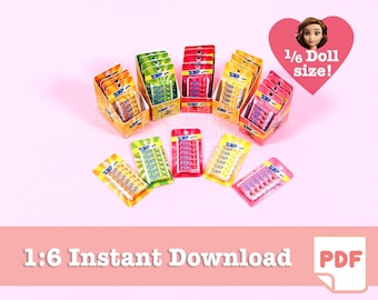 May include: A display of miniature candy boxes in various colors, including yellow, green, red, and pink. The boxes are labeled "XBP" and are arranged in a grid pattern. The image includes the text "1/6 Doll size!" and "1:6 Instant Download PDF".
